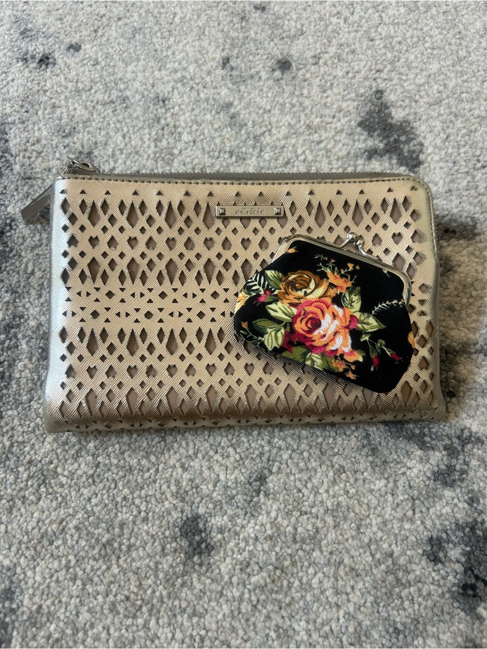 2FER Stella & Dot Metallic Laser Cut Wallet Clutch w/ Mirror Coin Purse Kisslock